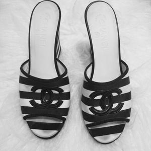 Chanel authentic stripe four inch wedge